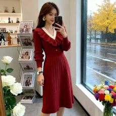 批发韩国圣诞节新年衣服年会小礼服长裙订婚回门红色针织毛衣<b class='q'>连衣裙</b>女