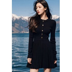 批发欧洲站赫本风小黑裙气质显瘦百褶针织毛衣连衣裙<b class='q'>秋</b>冬小个子打底裙