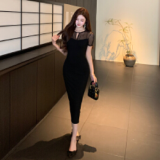 批发实拍女人性感小透视网纱拼接镂空设计长款收腰黑色<b class='q'>连衣裙</b>