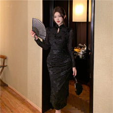 批发实拍新中式年轻款显瘦提花网纱褶皱显瘦开叉黑色长袖旗袍连衣裙