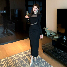 批发实拍小众设计感镂空网纱拼接性感腰部褶皱黑色<b class='q'>开叉</b><b class='q'>连衣裙</b>