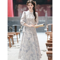 批发2026新款中式套装女素雅国风改良优雅气质盘扣上衣印花半身裙