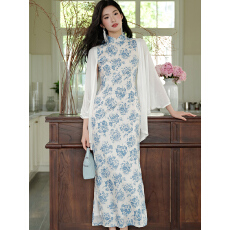 批发·八十支全棉青花瓷印花新中式国风改良无袖旗袍修身