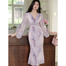 批发2026新款法式复古晕染弹力网女人紫色<b class='q'>连衣裙</b>