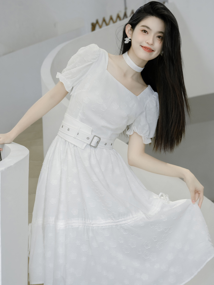 FA33810# 法式泡泡袖黑白提花方领显瘦连衣裙 服裝批發女裝批發服飾貨源