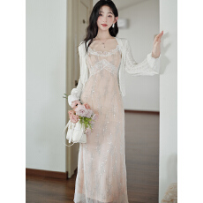 批发白色蔷薇白色亮片蕾丝v领修身吊带裙女春季新款连衣裙