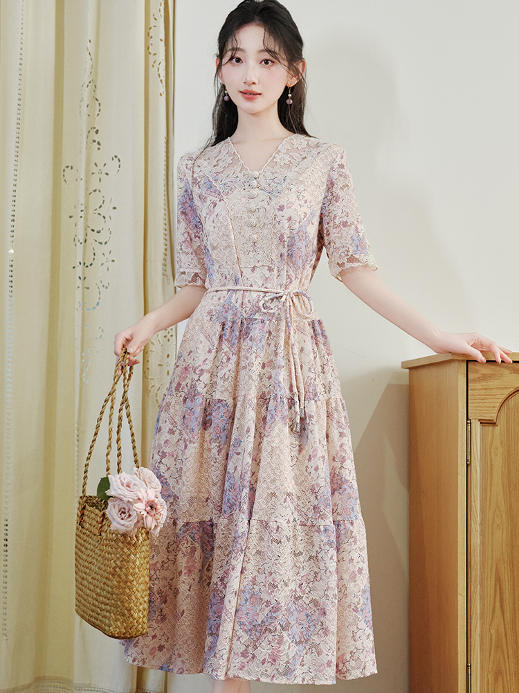 高定彩色提花料/蕾丝拼接V领 服裝批發女裝批發服飾貨源