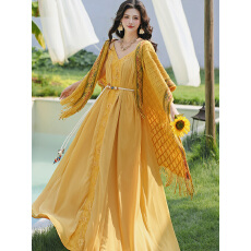 批发夏季海边度假风吊带连衣裙新款黄色氛围感超仙露背长裙子