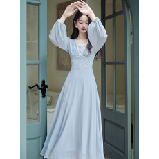 批发重工塔克工艺银线V领花边法式度假风长袖连衣裙