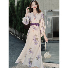 批发有货画报夫人原创自制氛围感神明少女碎花连衣裙显瘦 墨染紫梦