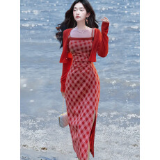 批发秋冬穿搭法式红色<b class='q'>格子</b>吊带<b class='q'>连衣裙</b>子女2025新款秋季搭配一整套长裙