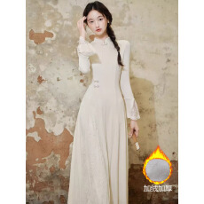 批发加绒加厚新中式旗袍改良年轻款少女秋冬设计感显瘦气质针织<b class='q'>连衣裙</b>