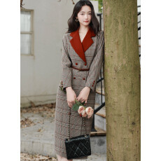 批发经典覆古格纹优雅轻古着撞色大翻领收腰<b class='q'>西服</b>连衣裙