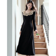 批发<b class='q'>黑色</b>长袖连衣裙子法式收腰长裙打底配大衣内搭早秋季2025新款女装