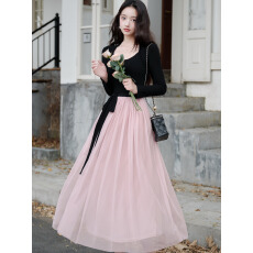 批发气质坎肩<b class='q'>撞色</b>蝴蝶结系带显瘦长袖<b class='q'>连衣裙</b>女法式高腰设计感长款裙子