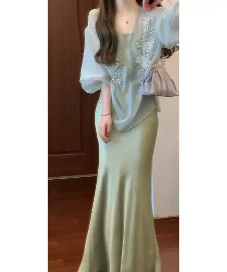 실사 전나무 박하 새로운 중식 자외선 차단 Tulle 맨위 국풍 슬립 드레스 젠 세트 드레스