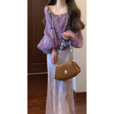 批发实拍紫烟鎏金新中式国风复古方领<b class='q'>灯笼</b>袖上衣&提花鱼尾半<b class='q'>裙</b>套装