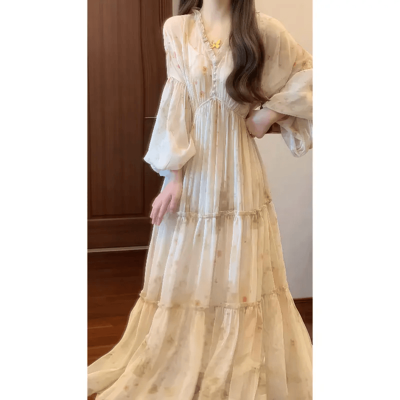 실사 프랑스식 낭만주의 V넥 꽃무늬 드레스 벌룬 소매 부드러운 품격 슈퍼 요정 휴가 바람 롱 스커트