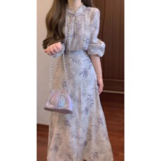 批发实拍清冷松弛感套装新中式休闲慵懒风<b class='q'>复古</b>碎花衬衫半身裙两件套女