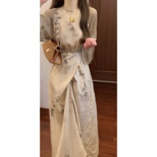 批发实拍水墨与枯叶拼接印染<b class='q'>中国风</b>中袖连衣裙新中式气质收腰长裙