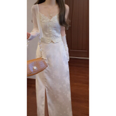 批发<b class='q'>实拍</b>春季新中式蕾丝花边拼接提花内吊带小上衣加裙子<b class='q'>外套</b>套装