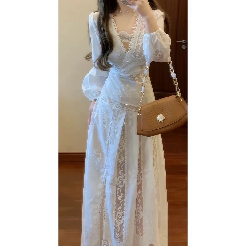 실사 프랑스식 부드러운 품격 레이스 긴팔 여성 드레스 서리가 내린 부서 고급 센스 고유 한 허리 수축 한 마디 롱 스커트