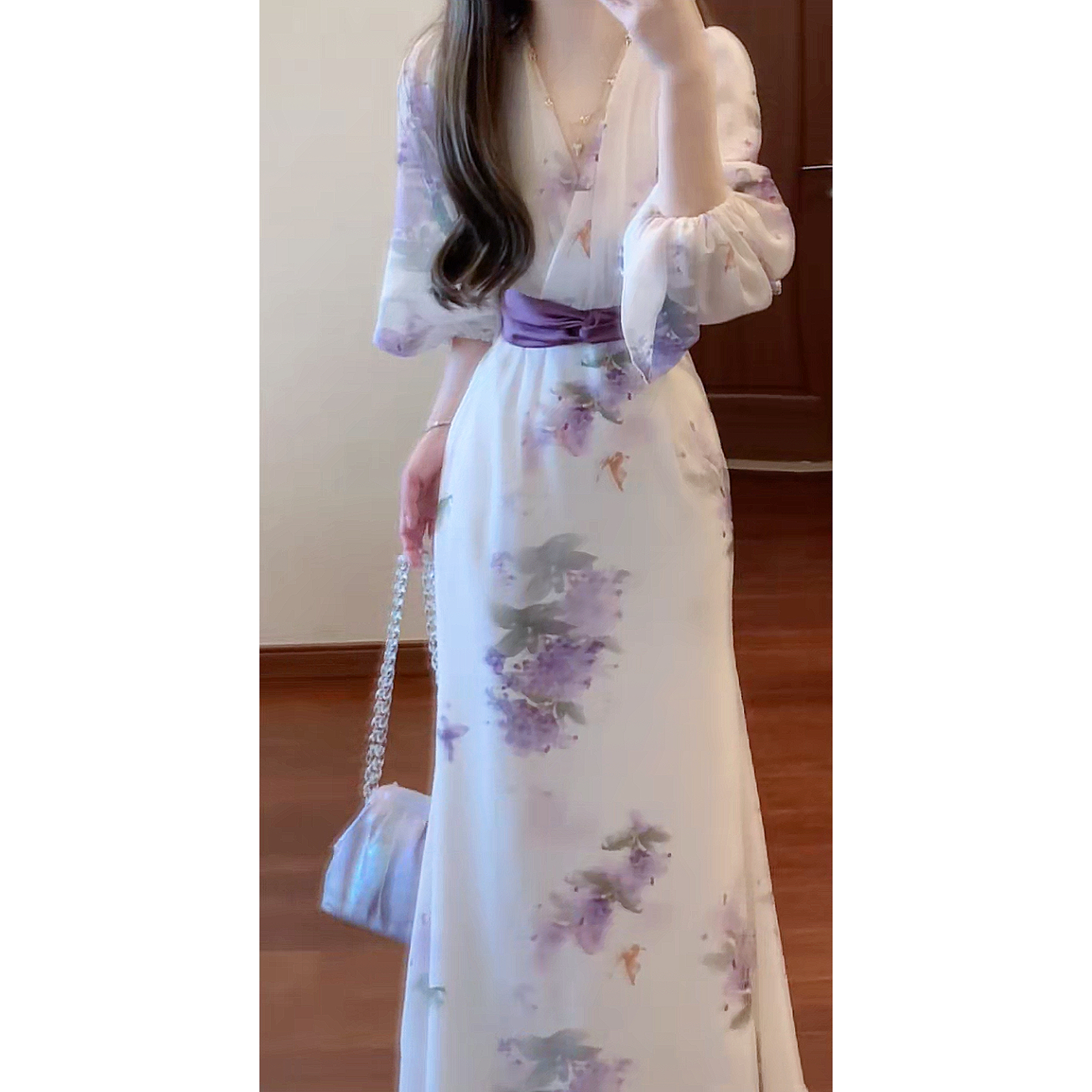 실사 재고 있음 그림 레이디 오리지널 직접 만든 분위기 센스 신들 소녀 꽃무늬 드레스 슬림해 보이는 잉크 염색 보라색 꿈
