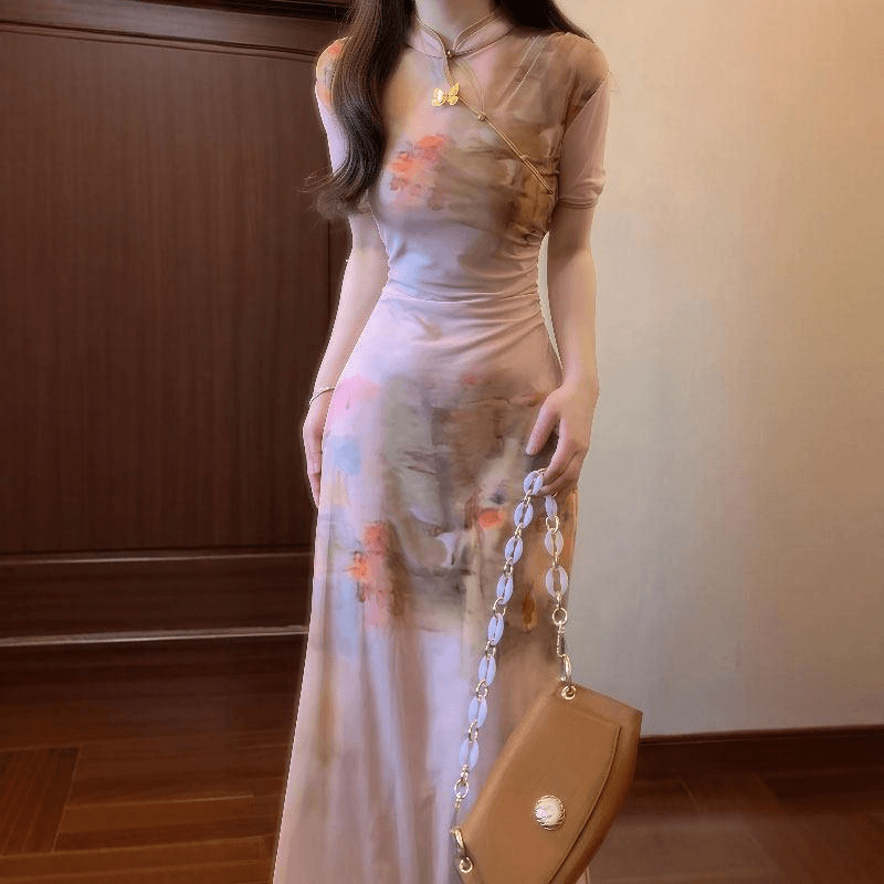 실사 개선 치파오 드레스 여성 여름 레트로 유화 프린트 새로운 중식 드레스