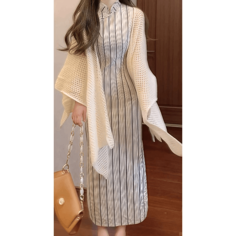 실사 새로운 중식 고대 법 치파오 개선 영 섹션 소녀 위엄있는 대기 롱 코트 국풍 스트라이프 드레스 여름