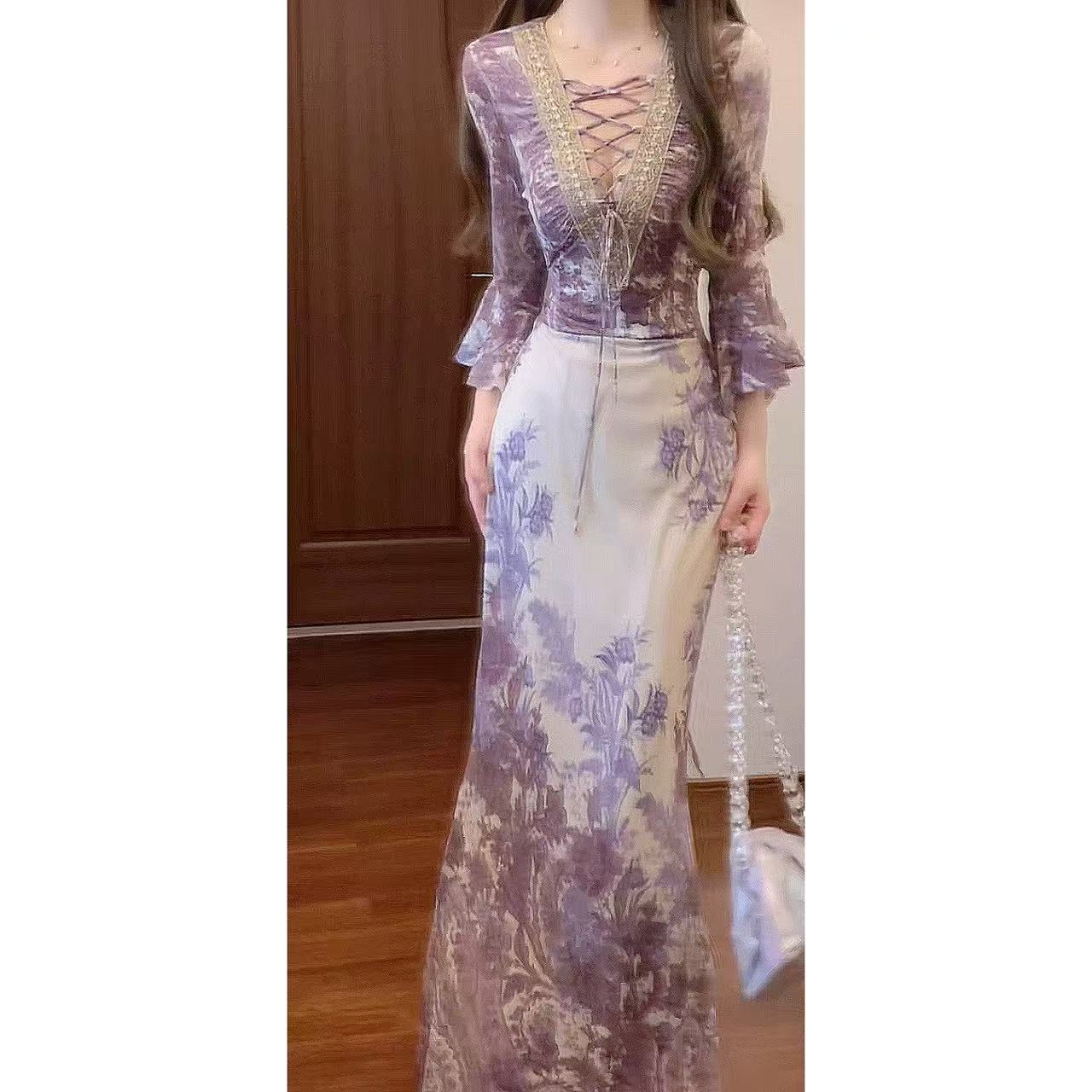 실사 우 림 인어 레트로 신축성 스트랩 패치워크 허리 수축 인어 꼬리 마녀 드레스