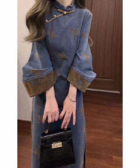 재고 있음 원본 원료 돌아 가기 평가 덜 새로운 중식 자수 치파오 개선 여성 가을 겨울 레트로 품격 드레스