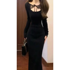 批发法式气质御姐轻熟风黑色针织<b class='q'>包臀</b>连衣裙特别漂亮掐腰裙子收腰显瘦