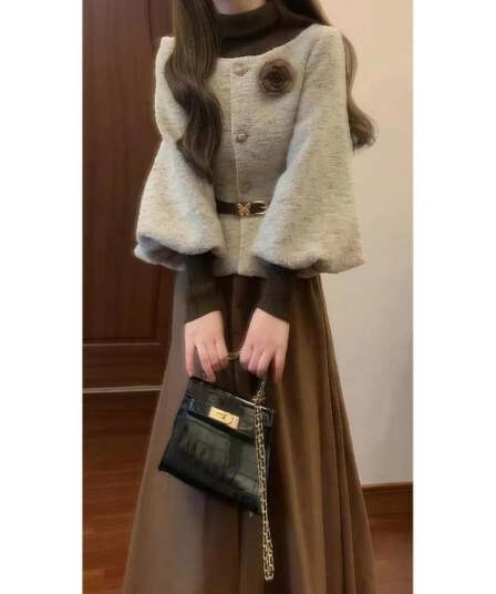 작은 샤넬 스타일 한 부서 외국 가스 코디 전체 집합 새로운 프랑스식 재킷 만나는 니트 스웨터 반신 스커트 세 조각 세트