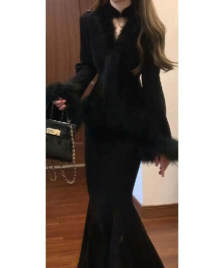 루 떠 다니는 밤의 연회 천 금빛 바람 비싼 가스 센스 가을 겨울 모피 재킷 두꺼운 레이스 몸매 가꾸기 인어 꼬리 치파오 세트