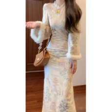 批发新中式国风设计感立领盘扣加绒改良旗袍连衣裙厚款收腰长裙高级感