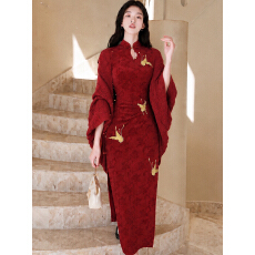 批发新中式改良红色旗袍<b class='q'>敬酒</b>服女夏季新款订婚<b class='q'>礼服</b>修身气质刺绣连衣裙