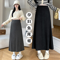 批发实拍春<b class='q'>秋</b>冬孕妇鱼尾裙弹力竖纹显瘦无托腹系带不了肚子中长款