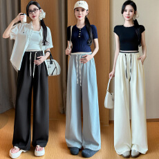 批发2026春款实拍孕妇白色冰丝阔腿裤夏季薄款撞色直筒休闲裤系带