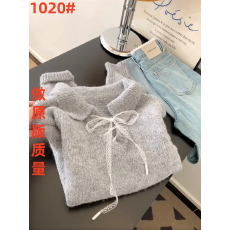 批发自留款推荐~法式<b class='q'>蕾丝</b>系带娃娃领针织衫女秋冬设计感宽松软糯毛衣