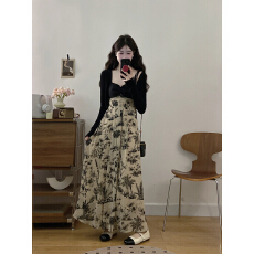 批发新中式水墨碎花度假海边沙滩吊带裙夏季针织开衫两件套显瘦长裙子