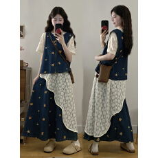 批发重工刺绣花洗水牛仔减龄穿搭马甲半身裙女不规则蕾丝衫时尚三件套