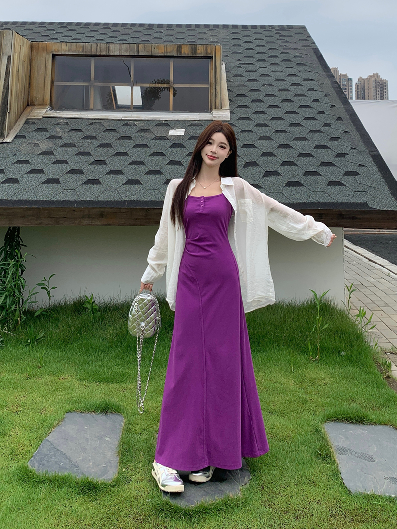 여름 새로운 광장 칼라 민소매 높은 품질 니트 슬립 드레스 주간 실크 셔츠 품격 디자인 센스 패션 투피스 세트
