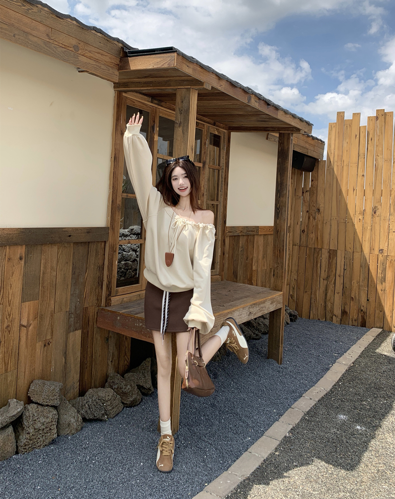 斜肩抽绳卫长袖设计感小众宽松辣妹露肩上衣撞色高腰包臀裙两件套 服裝批發女裝批發服飾貨源