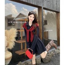 批发韩系藏青色polo领长袖<b class='q'>衬衫</b>连衣裙女气质高级感腰带收腰百褶短裙子