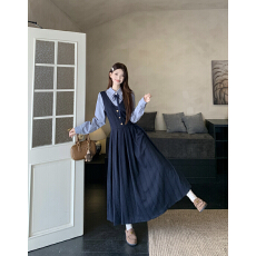 批发英伦学院风减龄撞色条纹<b class='q'>衬衫</b>拼接假两件百褶连衣裙女针织收腰长裙