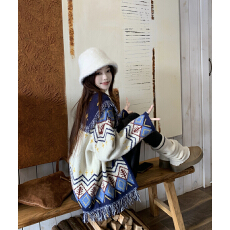 批发复古名族风宽松显瘦毛衣设计感流苏领针织上衣秋<b class='q'>冬</b>蓝色开衫外套女