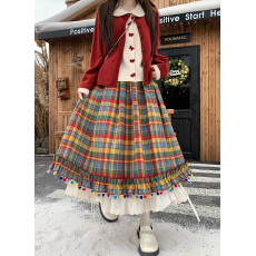 批发胖mm蝴蝶结红色圣诞节假两件毛衣+彩色格子小糖豆百褶半身裙套装