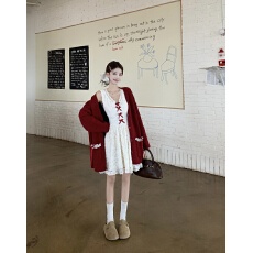 批发大码女装胖mm显瘦<b class='q'>套装</b>红色毛衣开衫温柔风氛围感蕾丝加绒吊带短裙