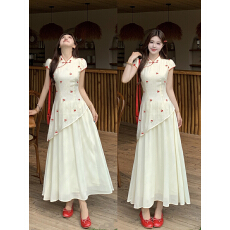 批发新中式樱桃假两件刺绣改良旗袍拼接设计感<b class='q'>连衣裙</b>女夏季新款长裙子