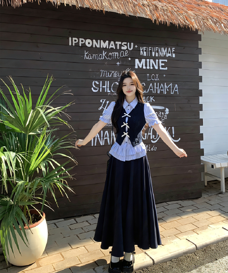 빅 사이즈 여름 코디 학원 스타일 세트 여성 한국 스타일 페이크 레이어드 패치워크 스트라이프 셔츠 밴딩 반 스커트 투피스 세트